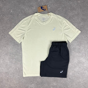 ASICS JACQUARD T-SHIRT & SHORT SET - MINERAL BEIGE / DARK GREY