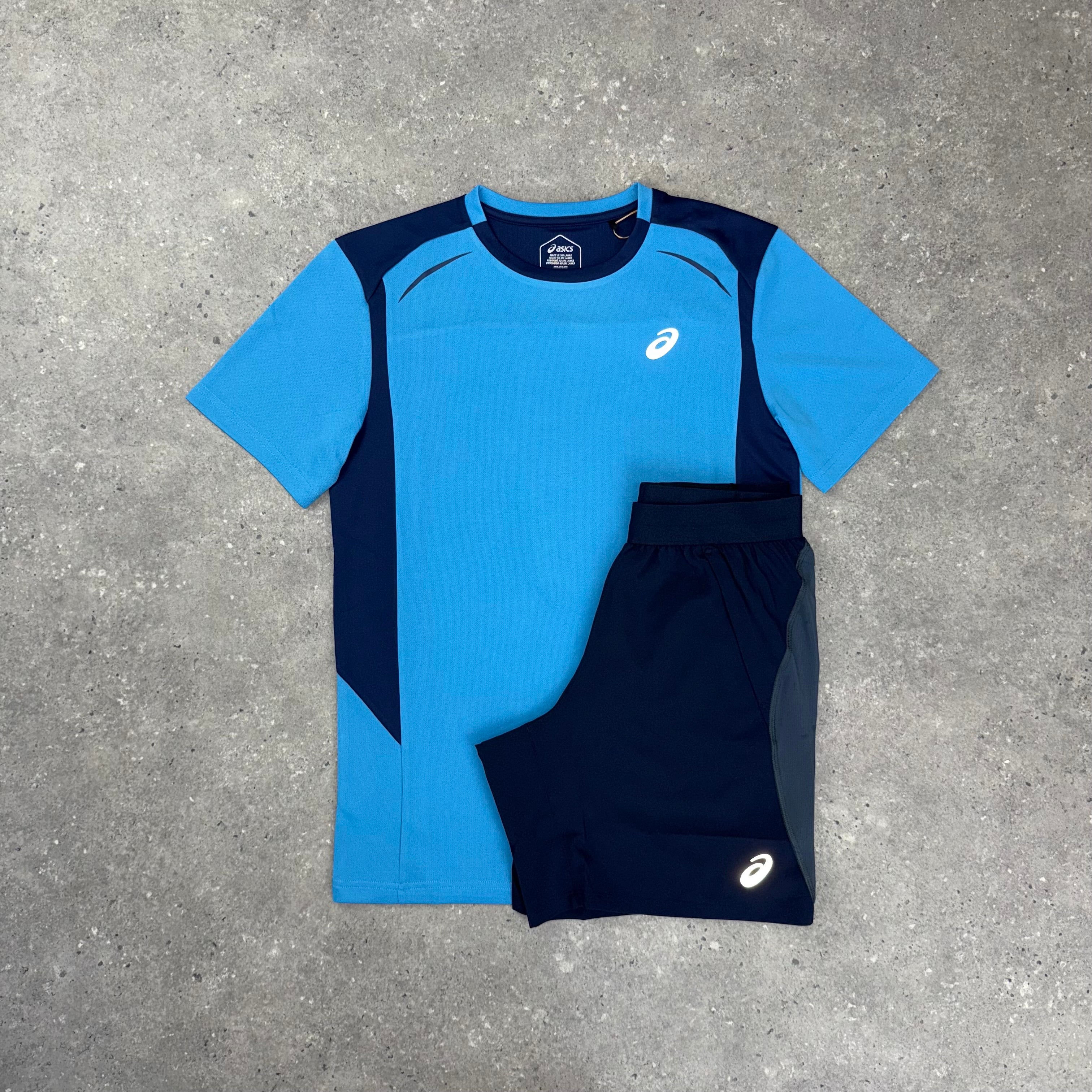 ASICS CURVED SEAM T-SHIRT & ROAD SHORT SET - NAVY/BLUE