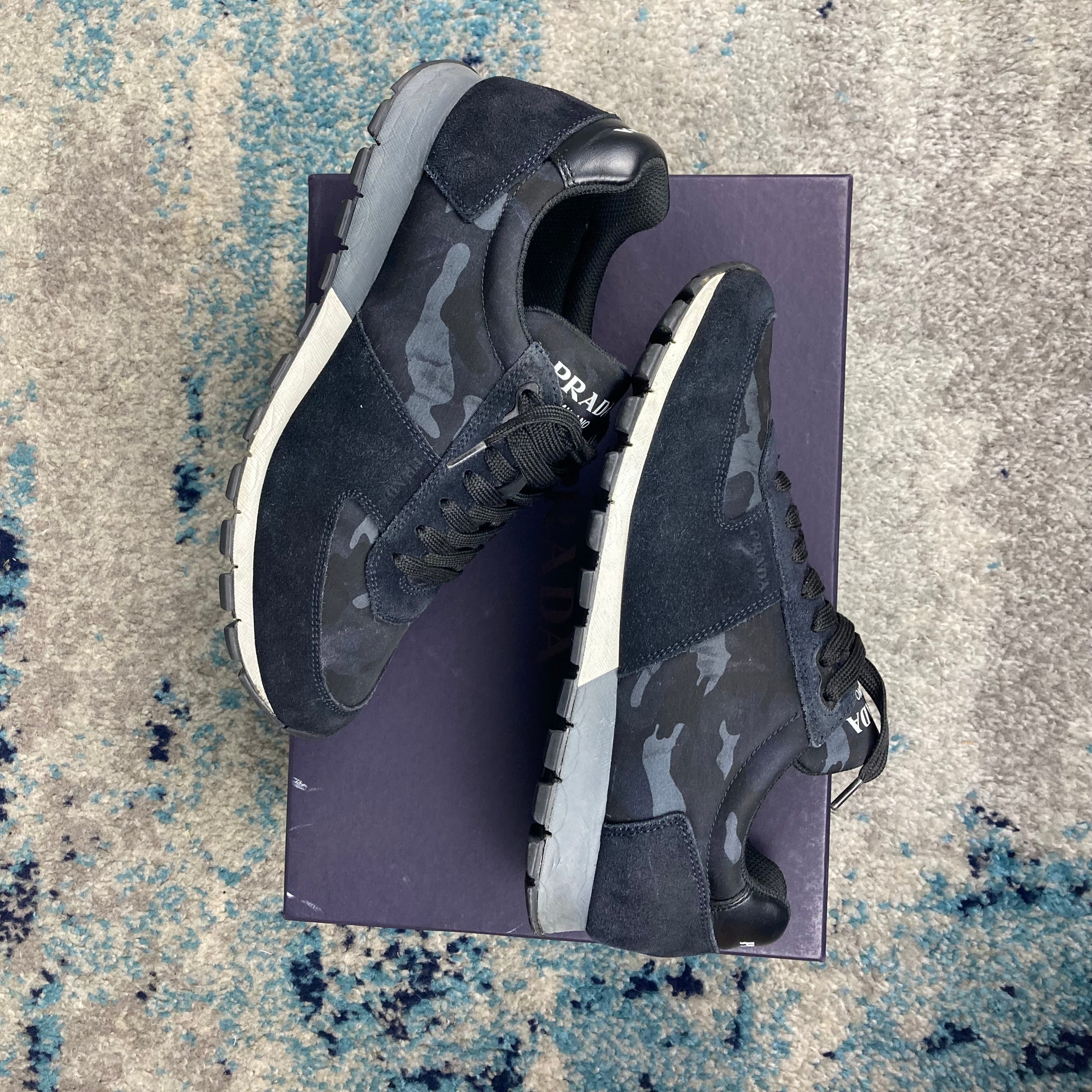 Blue camo prada runners hotsell