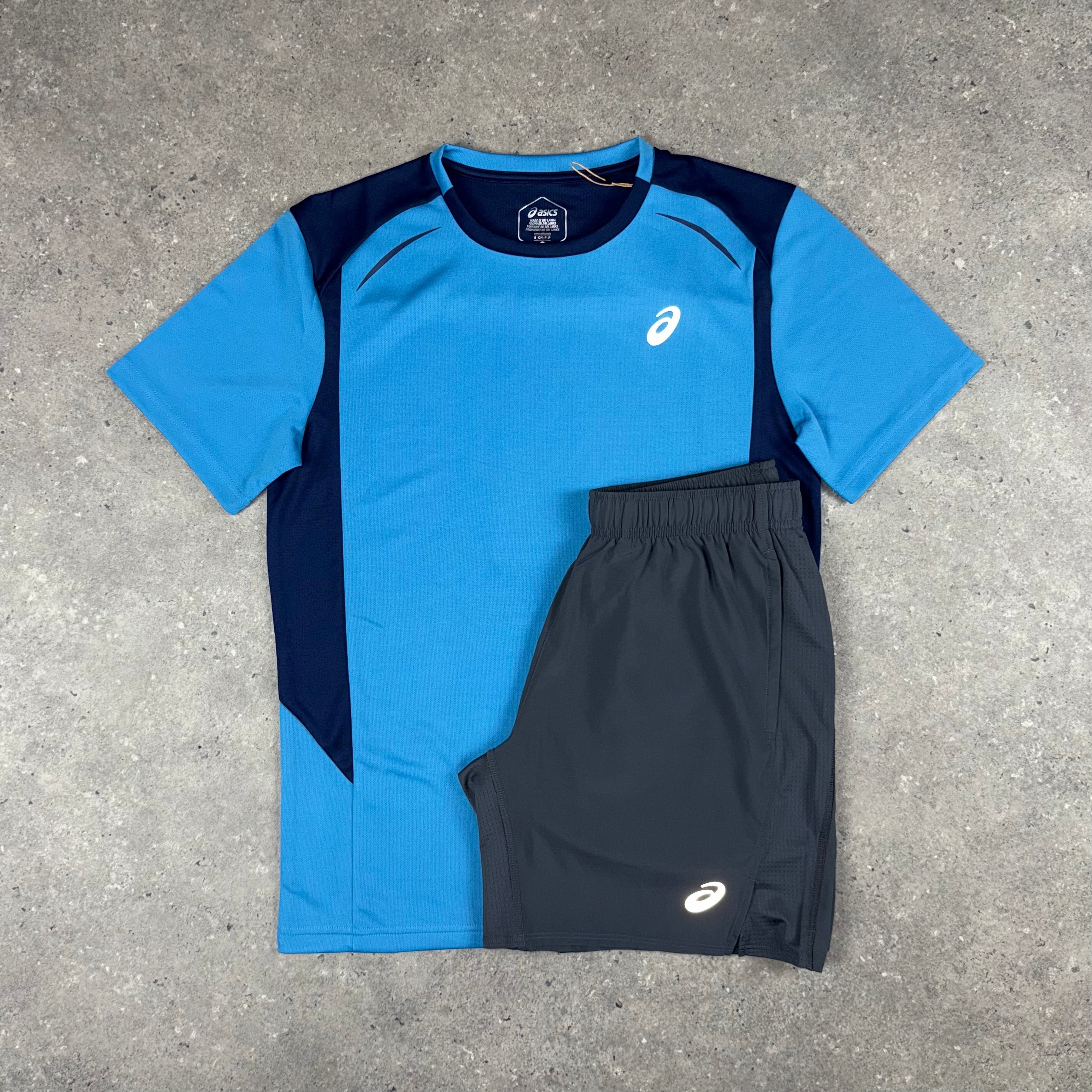 ASICS BLUE CURVED SEAM T-SHIRT & GREY SHORTS SET