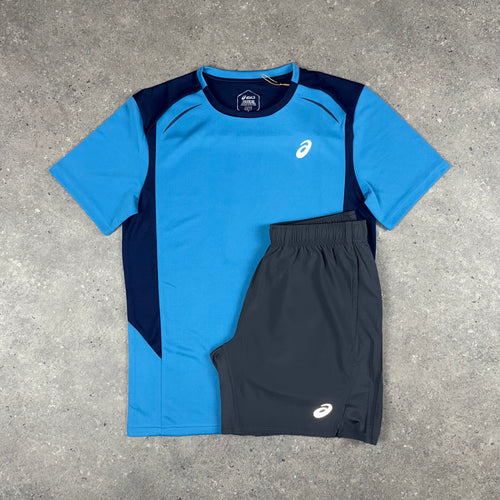 ASICS BLUE CURVED SEAM T-SHIRT & GREY SHORTS SET