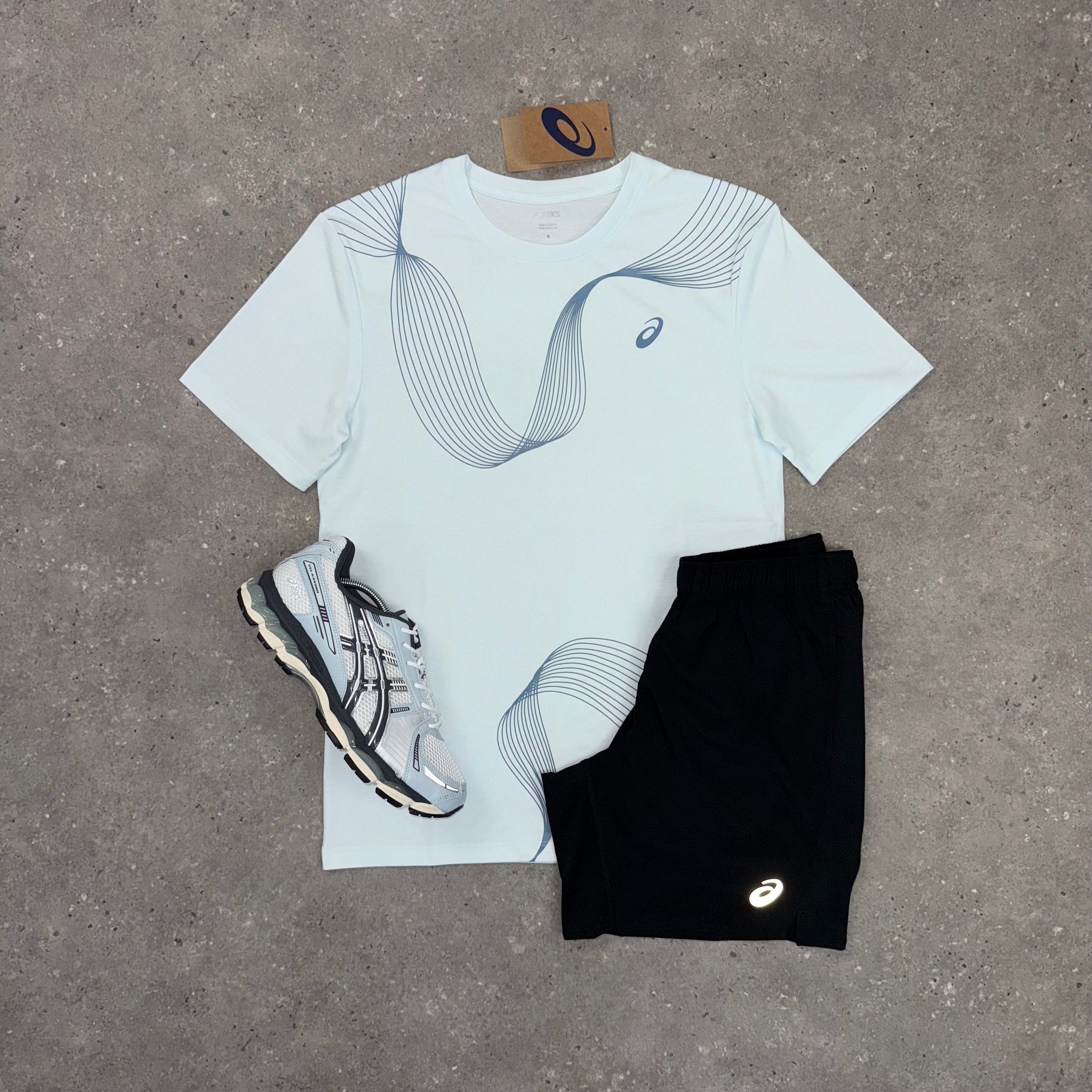 ASICS ASYMMETRIC T-SHIRT & SHORT SET - BABY BLUE / BLACK