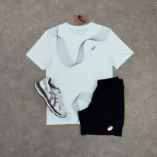 ASICS ASYMMETRIC T-SHIRT & SHORT SET - BABY BLUE / BLACK