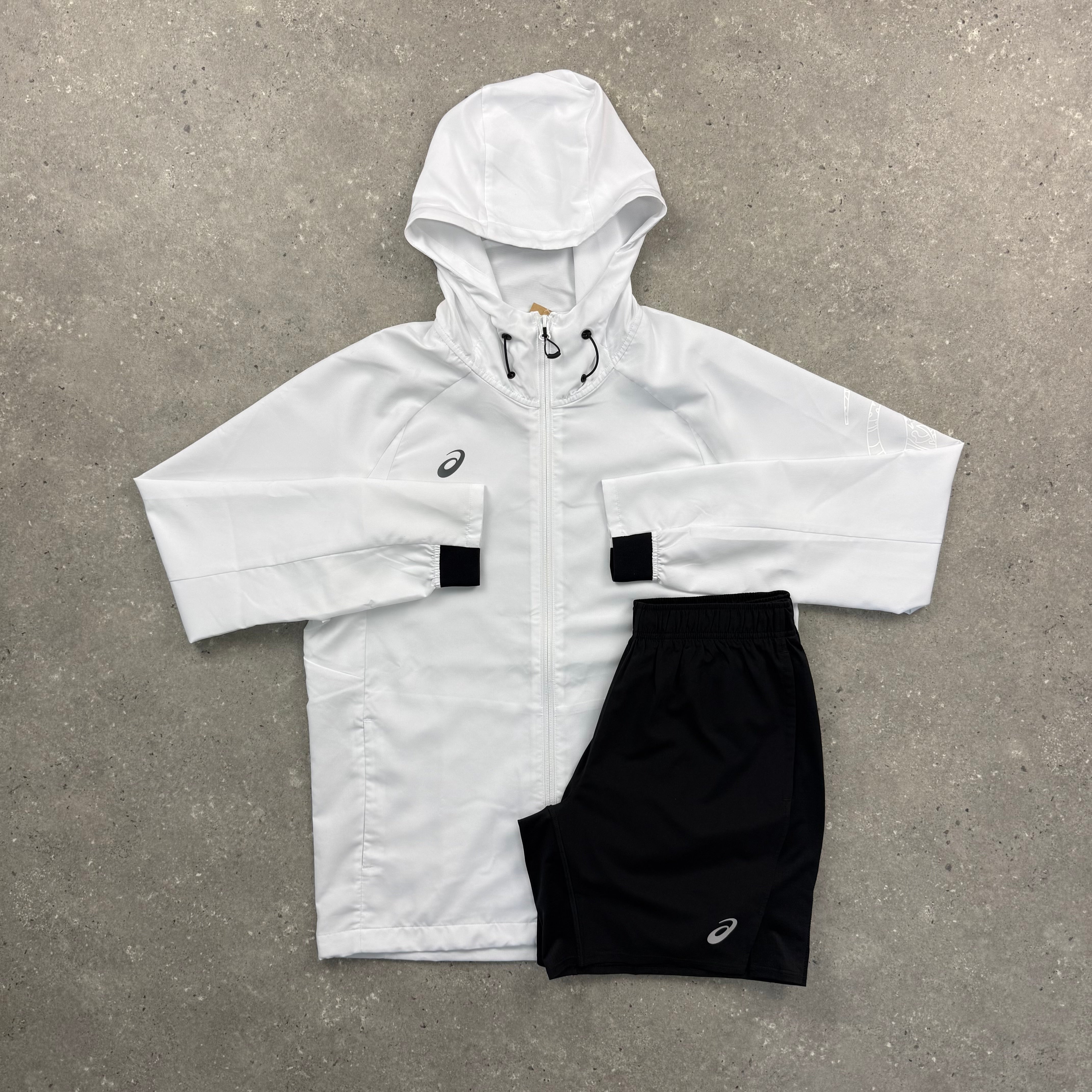 ASICS SPIRAL WINDRUNNER JACKET & SHORT SET - WHITE / BLACK