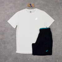 ASICS CORE T-SHIRT & SHORT SET - WHITE / LAGOON BLUE