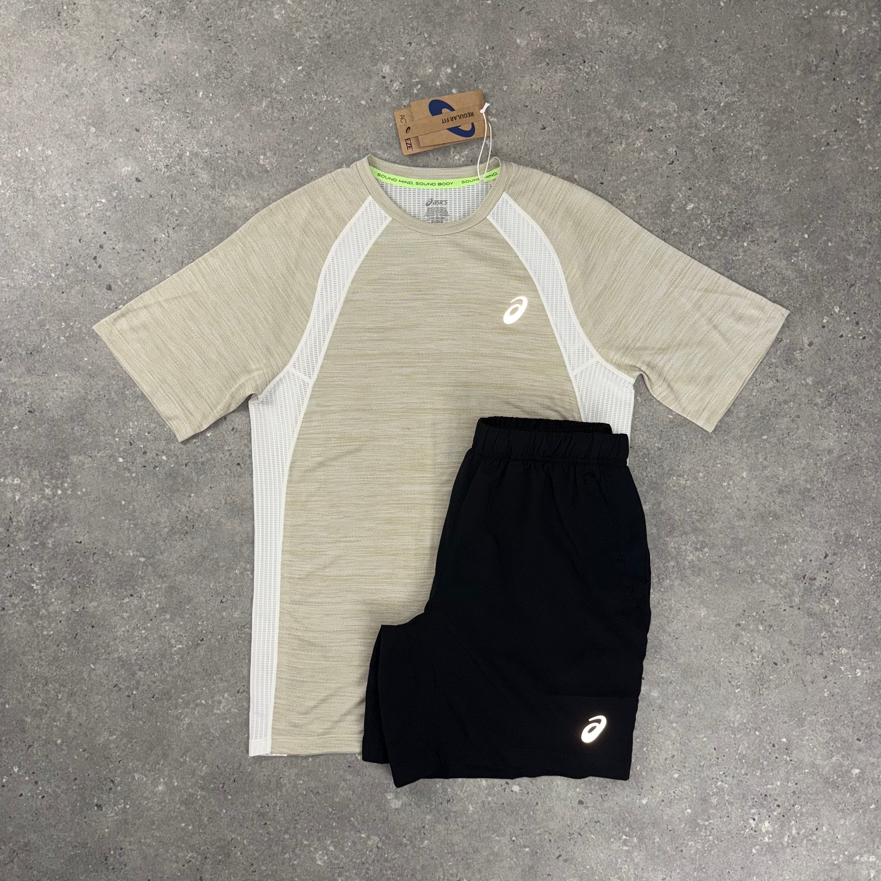 ASICS ROAD T-SHIRT & SHORT SET - BEIGE/BLACK