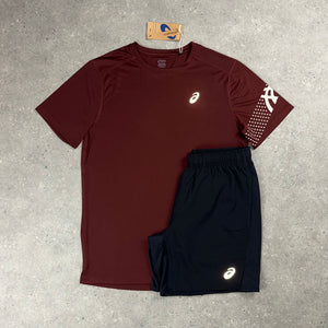 ASICS ICON T-SHIRT & SHORTS SET - DARK RED/BLACK
