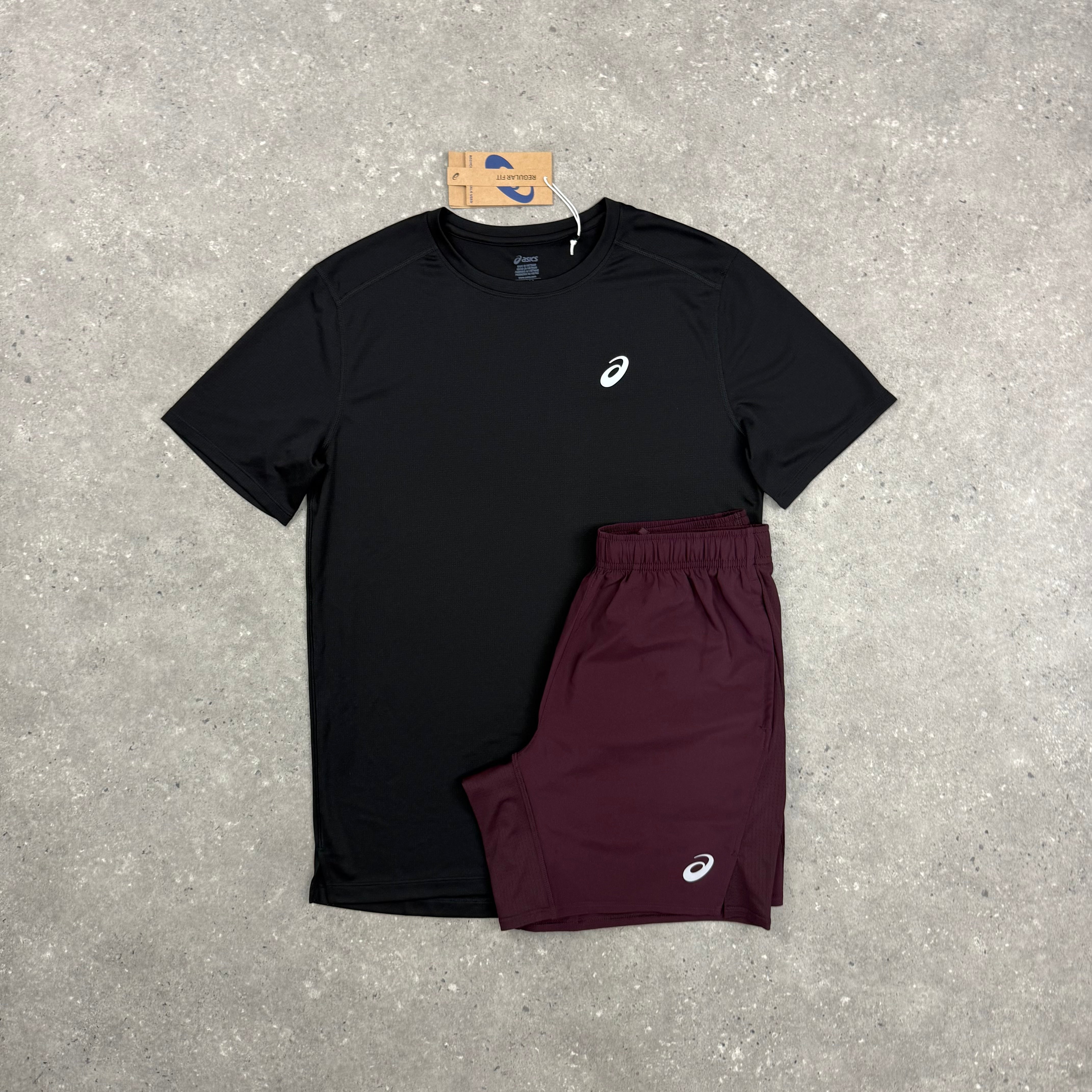 ASICS CORE T-SHIRT & SHORT SET - BLACK / DARK CURRANT