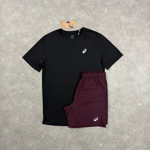 ASICS CORE T-SHIRT & SHORT SET - BLACK / DARK CURRANT