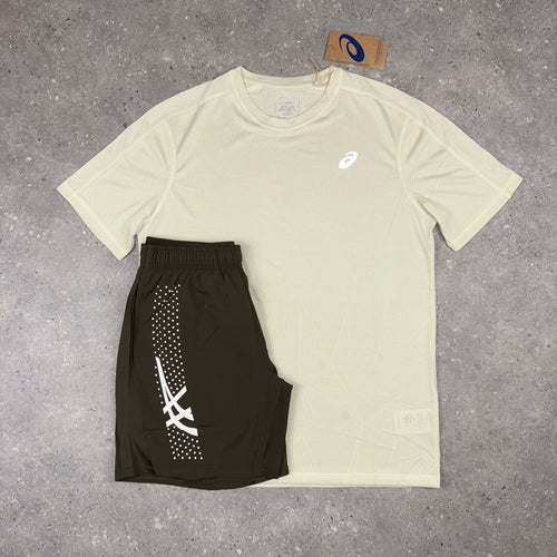 ASICS MINERAL BEIGE JACQUARD T-SHIRT & BROWN SHORTS SET